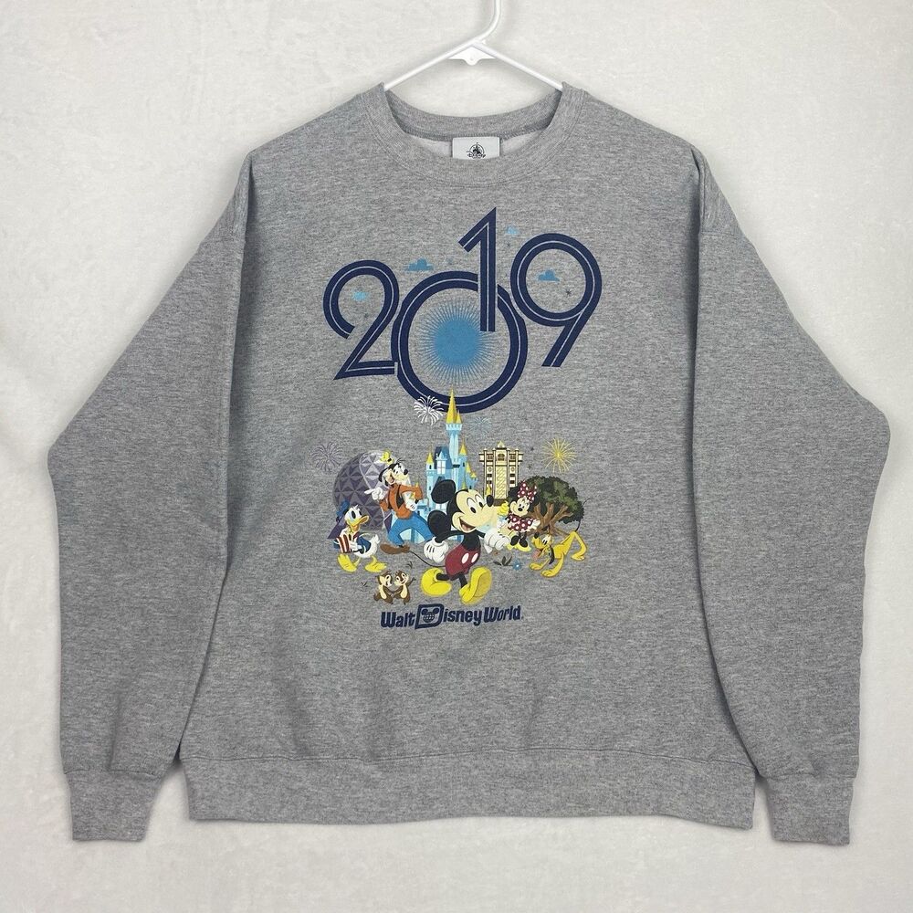 Disney 2019 Mickey and Friends Graphic Print Adult Large Gray Crewneck Pullover